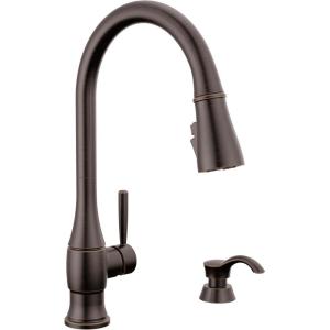 imageDelta Hazelwood Brushed Nickel Kitchen Faucet with Pull Down Sprayer and Soap Dispenser Modern Single Hole Kitchen Sink Faucet Single Handle Spotshield Stainless 19831ZSPSDDSTVenetian Bronze