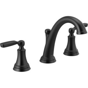imageDelta Woodhurst Matte Black Bathroom Faucet 3 Hole 8 Inch Widespread Bathroom Sink Faucet for Vanity Metal PushPop Drain Assembly Matte Black 3532LFBLMPUMatte Black