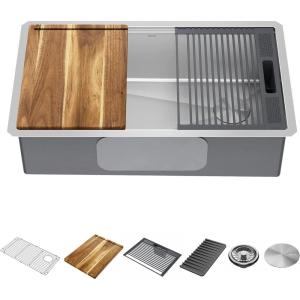 imageDELTA FAUCET 95A93225SSS Lorelai Workstation Kitchen Sink Dropin Top Mount Stainless Steel Single Bowl with WorkFlow Ledge and Chefs Kit of 5 Accessories32in