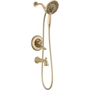 imageDelta Faucet Linden 17 Series DualFunction Tub and Shower Trim Kit Shower Faucet with 4Spray In2ition 2in1 Dual Hand Held Shower Head with Hose Venetian Bronze T17494RBI Valve Not IncludedChampagne Bronze